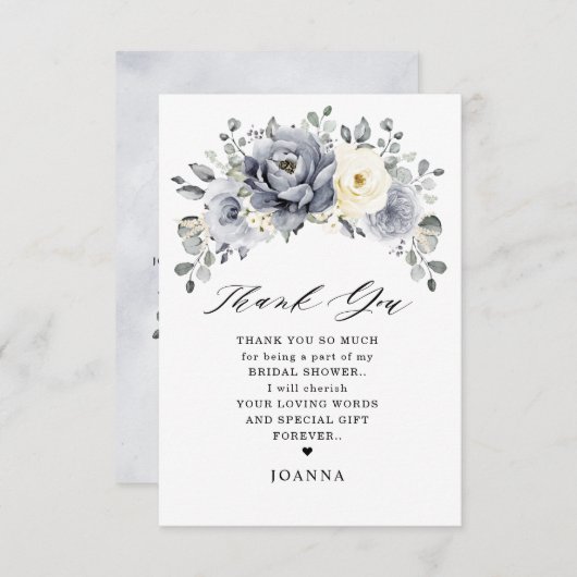 シルバーグレイアイボリーフローラウィンターボホブライダルシャワー サンキューカード (正面/裏面)