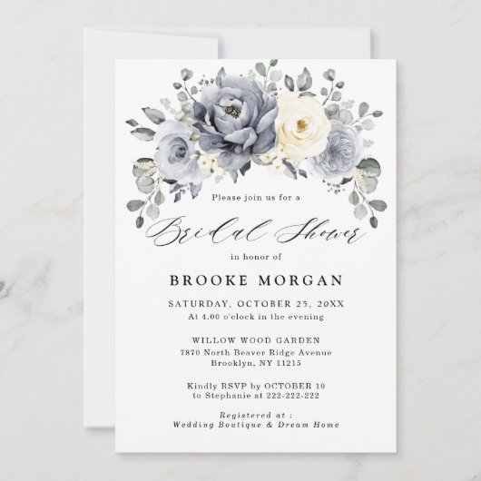 シルバーグレイアイボリーフローラウィンターボホブライダルシャワー 招待状 (正面)