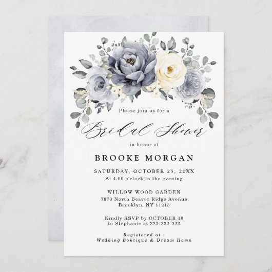 シルバーグレイアイボリーフローラウィンターボホブライダルシャワー 招待状 (正面/裏面)