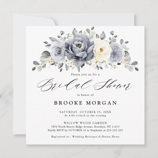 シルバーグレイアイボリーフローラウィンターボホブライダルシャワー 招待状 (正面)