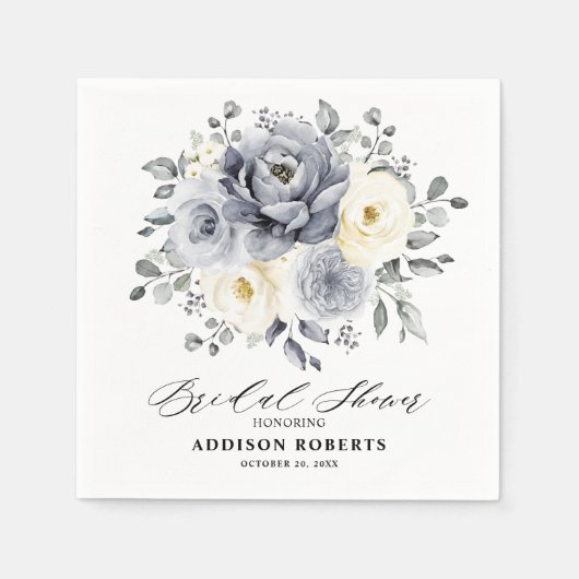 シルバーグレイアイボリーフローラボホアイボリーブライダルシャワー スタンダードカクテルナプキン (正面)