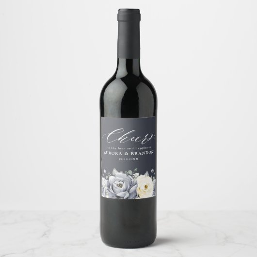 シルバーグレイアイボリーフローラ素朴ウィンター結婚ズウィン ワインラベル (正面)