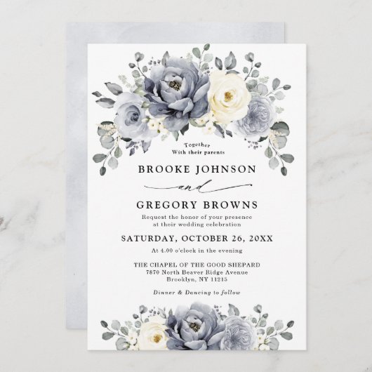 シルバーグレイアイボリーフローラ素朴ウィンター結婚ズ 招待状 (正面/裏面)