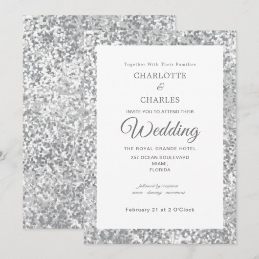 シルバーグレイエレガントグリッターシ結婚ック 招待状 (正面/裏面)