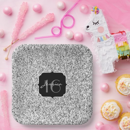 シルバーグレイグリッタースパークルズスウィート16 ペーパープレート (パーティー)