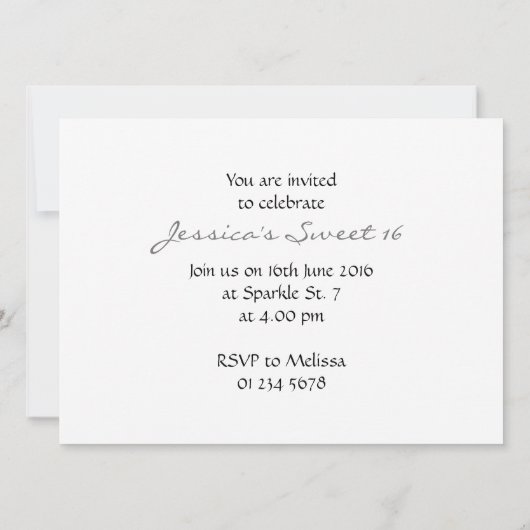 シルバーグレイグリッタースパークルズスウィート16 招待状 (裏面)