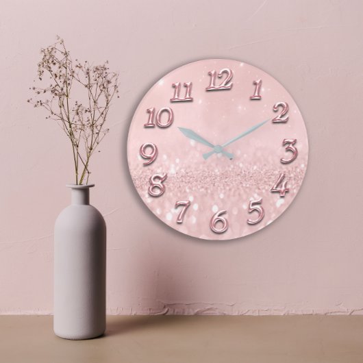 シルバーグレイグリッターミニマルピンクローズ赤面ガーリー ラージ壁時計