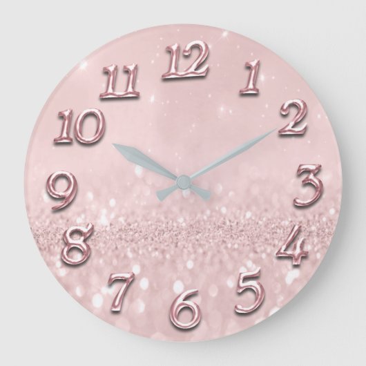 シルバーグレイグリッターミニマルピンクローズ赤面ガーリー ラージ壁時計 (正面)