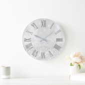 シルバーグレイグリッターミニマルメタリックローマンヌマーズ ラージ壁時計 (ホーム)