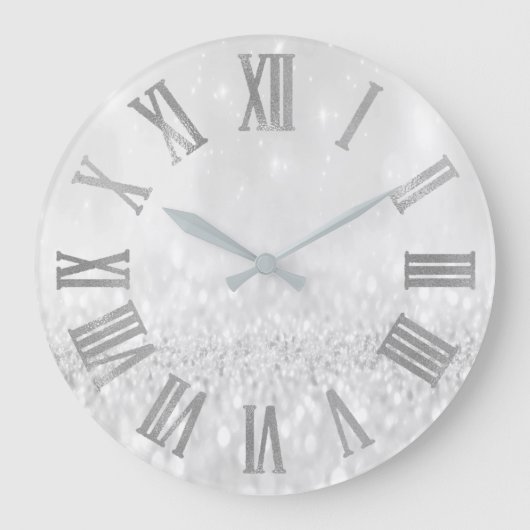 シルバーグレイグリッターミニマルメタリックローマンヌマーズ ラージ壁時計 (正面)