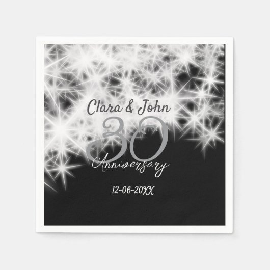 シルバーグレイブラック30結婚周年グリッター スタンダードカクテルナプキン (正面)