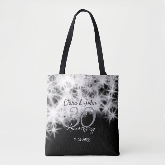 シルバーグレイブラック30結婚周年グリッター トートバッグ (正面)