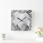 シルバーグレイミニマルブラックグリッターメタリック植物体 スクエア壁時計 (ホーム)