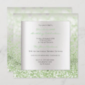 シルバーグレイミニマル誕生日ミントグリーングリッター 招待状 (正面/裏面)