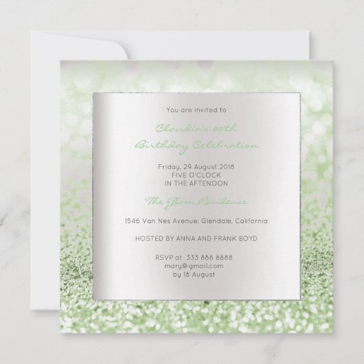 シルバーグレイミニマル誕生日ミントグリーングリッター 招待状 (正面)