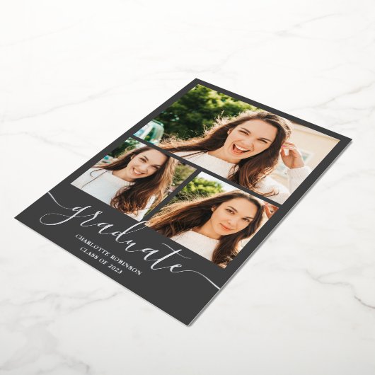 シルバーグレイ大学院スクリプト3枚の写真の卒業 箔招待状 (回転した状態)