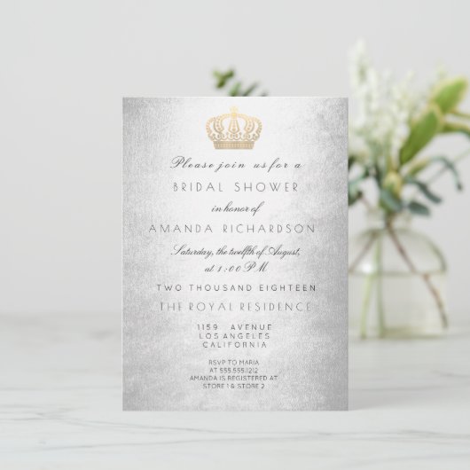 シルバーグレイ金ゴールドクラウン王室のグリッターブライダルシャワー 招待状 (スタンド正面)