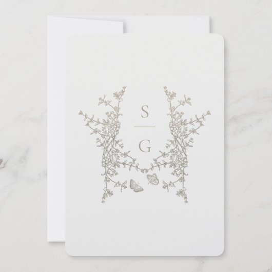 シルバーグレイ金ゴールドボタニカルクレストモノグラム結婚ズ 招待状 (裏面)
