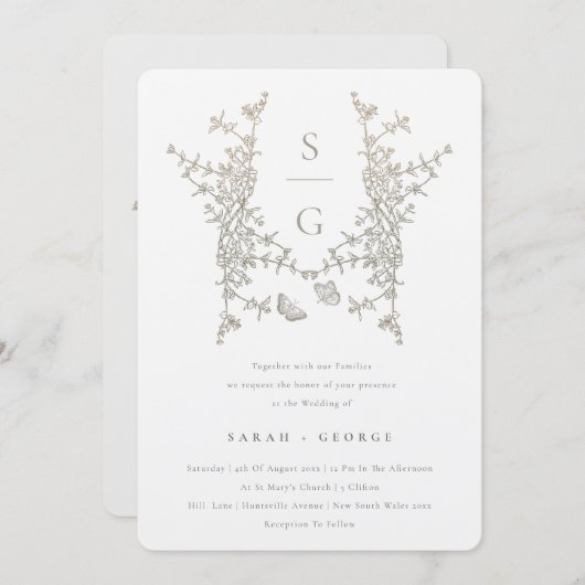 シルバーグレイ金ゴールドボタニカルクレストモノグラム結婚ズ 招待状 (正面/裏面)