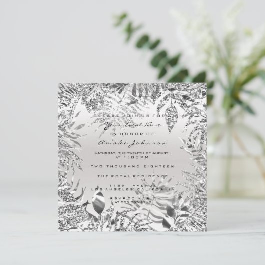 シルバーグレイ グリッタメタル トロピカルリーフ ホワイトフレーム 招待状 (スタンド正面)