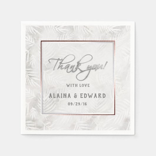 シルバーグレイ&ダスティピンクパーム葉結婚ズ スタンダードカクテルナプキン (正面)