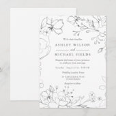 シルバーグレイ フラワー モダン エレガント ウェディング 招待状 (正面/裏面)