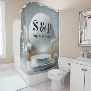 シルバーグレイPodiumモノグラムモダンスクリプ結婚ト シャワーカーテン