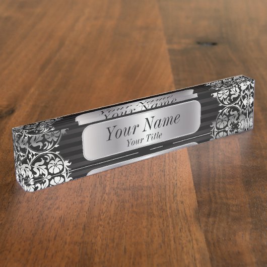 シルバーグレーとブラックのダマスクパターン | DIY文字 デスクネームプレート (側面)