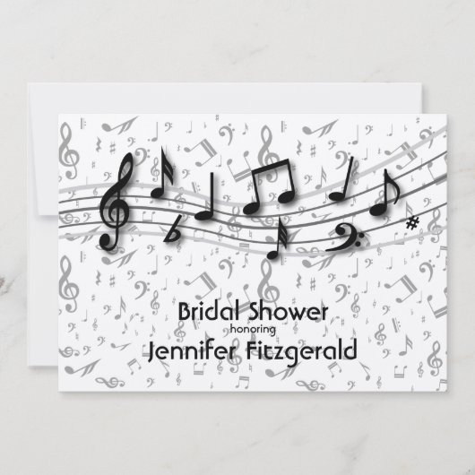 シルバーグレーとブラックの音楽ノートブライダルシャワー 招待状 (正面)