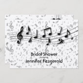 シルバーグレーとブラックの音楽ノートブライダルシャワー 招待状 (正面/裏面)