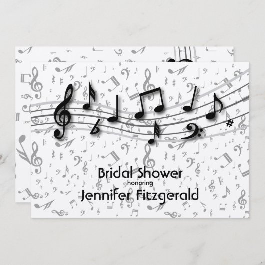 シルバーグレーとブラックの音楽ノートブライダルシャワー 招待状 (正面/裏面)