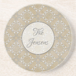シルバーグレーとベージュのメタリックなフィレジットパターン コースター