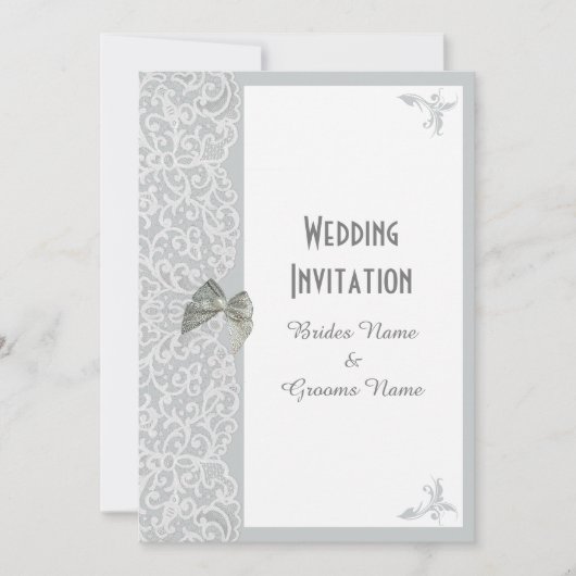 シルバーグレーとホワイトレース伝統的結婚ズ 招待状 (正面)