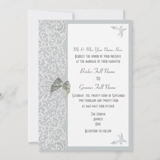 シルバーグレーとホワイトレース伝統的結婚ズ 招待状 (裏面)