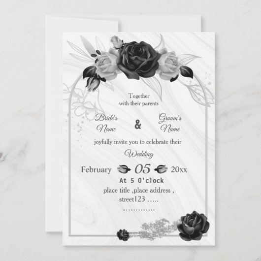 シルバーグレーと黒の植物幾何学結婚の 招待状 (正面)