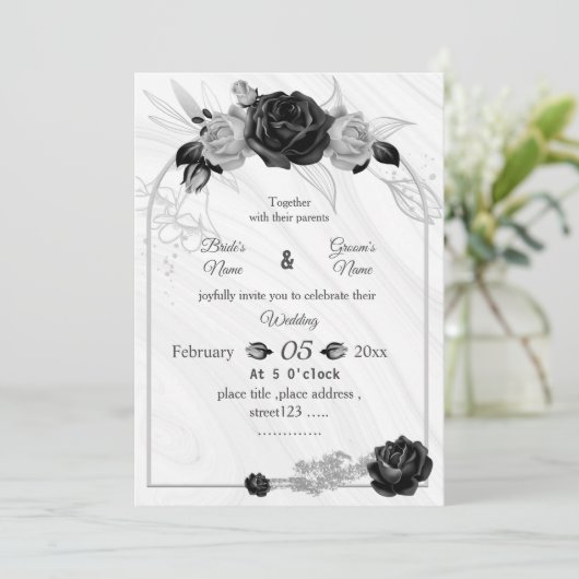 シルバーグレーと黒の植物幾何学結婚の 招待状 (スタンド正面)