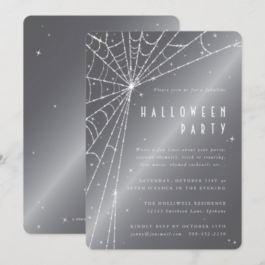 シルバーグレーのスパークリングスパイダーウェブハロウィンパーティー 招待状 (正面/裏面)