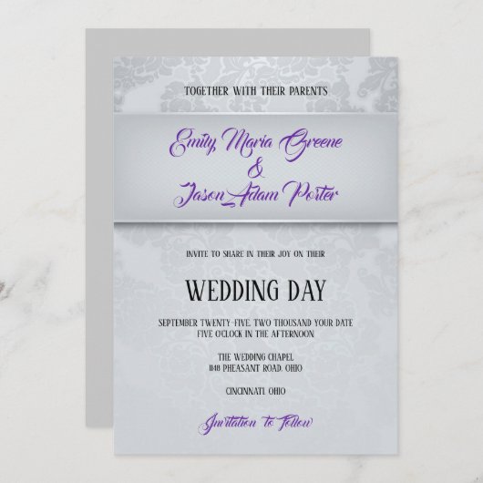 シルバーグレーのダマスクウェディング 招待状 (正面/裏面)