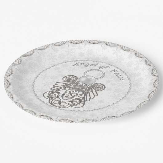シルバーグレーのフィリグレーの聖降誕祭の天使 ペーパープレート (アングル)