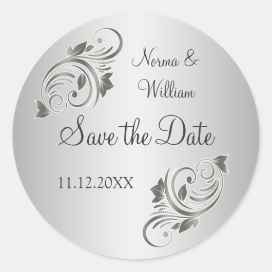 シルバーグレーのフローラ渦巻き日付印を保存 ラウンドシール (正面)