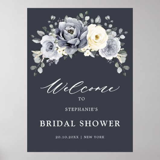 シルバーグレーアイボリーフローラブライダルシャワーウェルカムポー ポスター (正面)