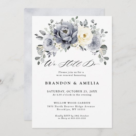 シルバーグレーアイボリーフローラ素朴冬まだ行う 招待状 (正面/裏面)