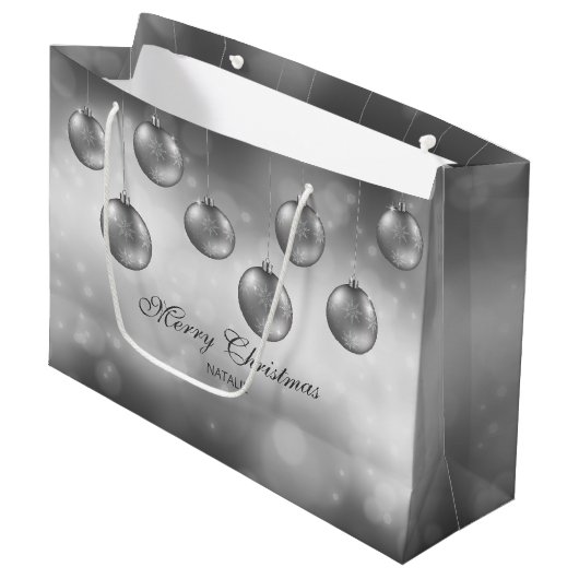 シルバーグレークリスマスボーカスタムブルと文字 ラージペーパーバッグ (正面アングル)