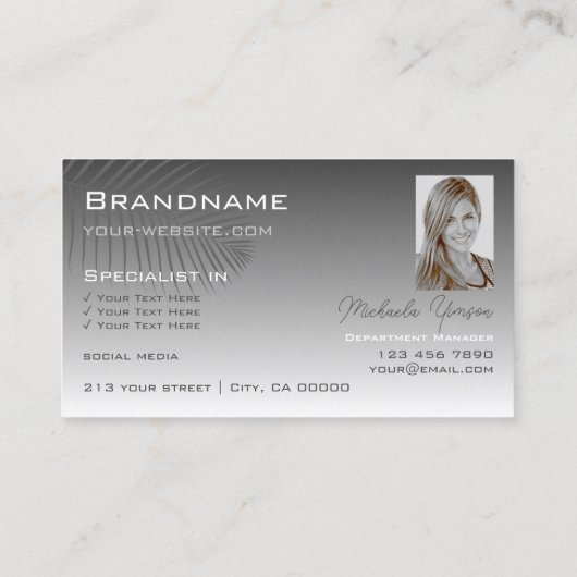 シルバーグレーグラデーションパームリーフロゴと写真 名刺 (裏面)