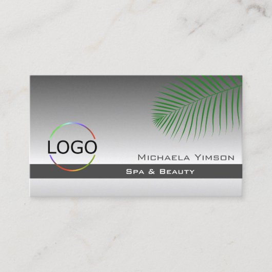 シルバーグレーグラデーションパームリーフロゴと写真 名刺 (正面)
