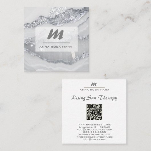 *~*シルバーグレーグリッターグラムQRルクースイニシャルAP66 スクエア名刺 (正面/裏面)