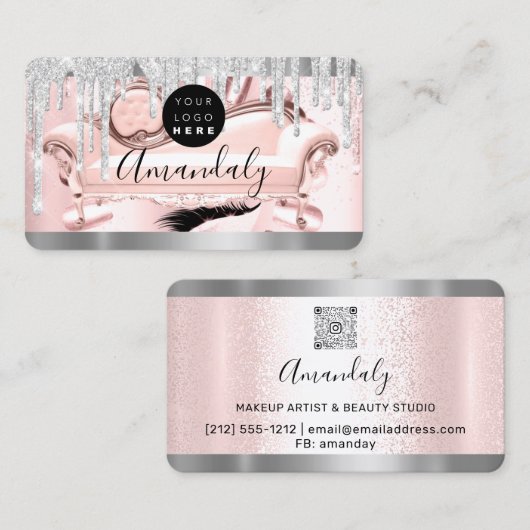 シルバーグレーグリッタードリップフレームQrコードロゴスパ 名刺 (正面/裏面)