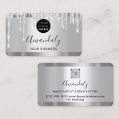 シルバーグレーグリッタードリップフレームQrコードロゴ 名刺 (正面/裏面)