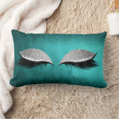 シルバーグレーグリッターブラックメイクアップ結晶ティール(緑がかった色) ランバークッション (ブランケット)