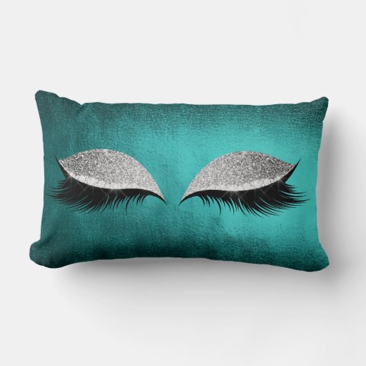 シルバーグレーグリッターブラックメイクアップ結晶ティール(緑がかった色) ランバークッション (正面)